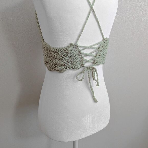 Handmade Sage Green Crochet Shell Stitch Halter Top w/ Lace Up Back | Size S - Picture 4 of 7